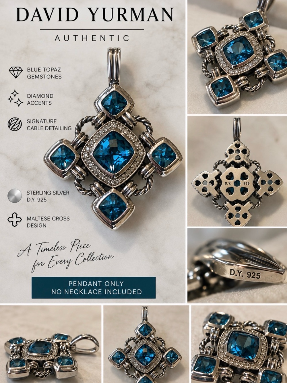 David Yurman Sterling Silver Blue Topaz Maltese Cross Pendant